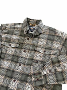 Ariat Rebar Plaid Flannel Button Up Shirt Mens Medium Green Western Cowboy